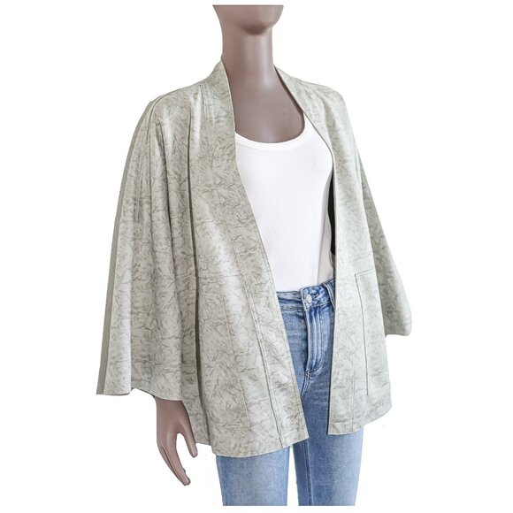 Solitaire Gray Green Abstract Print Kimono Spring Casual Coastal Boho Cardigan - Picture 3 of 4